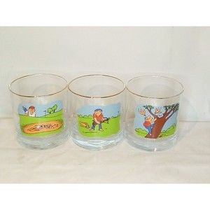 Vintage Ashby Whiskey Glass Set Comical Golf Cartoon Lowball Tumblers Lot of 3